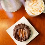 Sea salt caramel brownie and a latte with caramel swirl